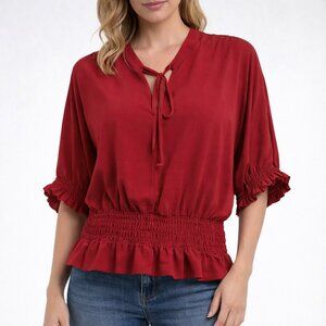 Available Angela fashion Tie-Front Blouse w/ Smocked Waist Ruffle Sleeves Sz. M